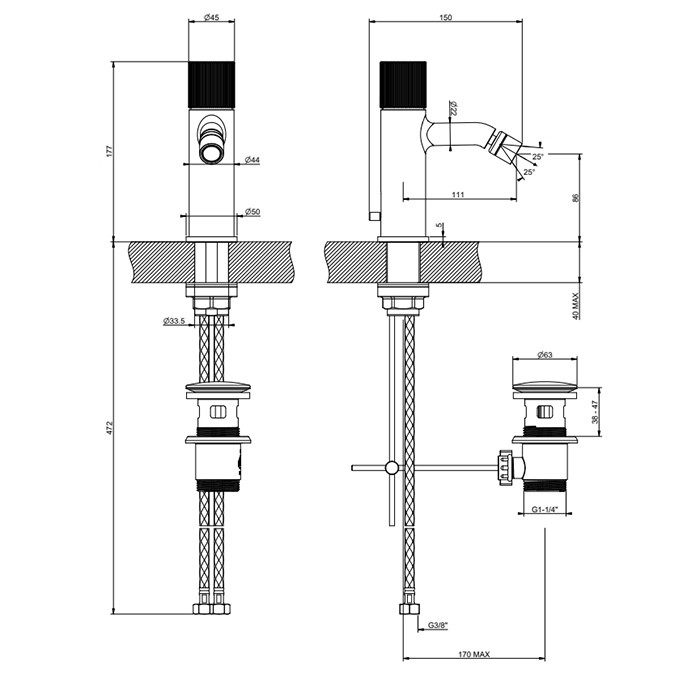 Смеситель для биде, 1 отв., с донным клапаном, Gessi Habito Rigato, black metal pvd арт. 70507#706