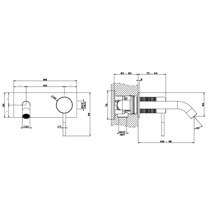 Встраиваемый смеситель для раковины с изливом 146-116мм, Gessi 316, brushed black metal pvd арт. 54388#707