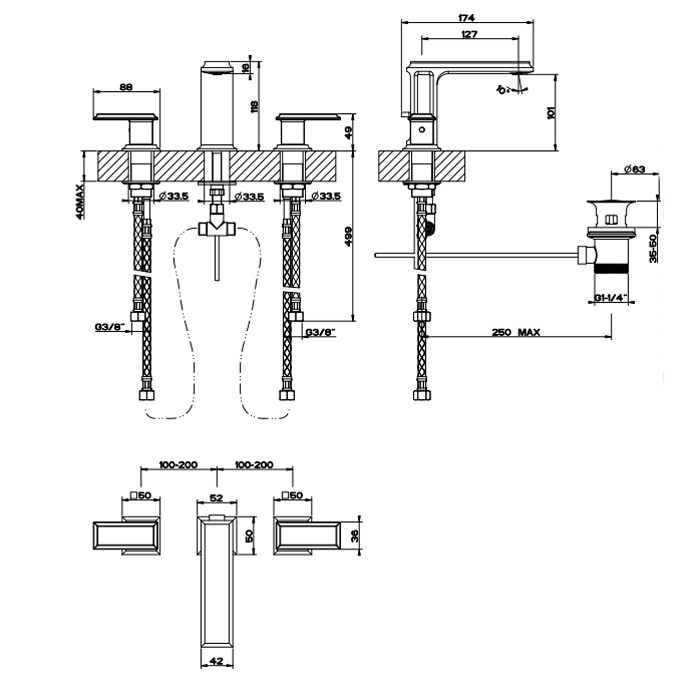 Смеситель для раковины на 3 отверстия с донным клапаном, Gessi Eleganza, finox арт. 46012#149
