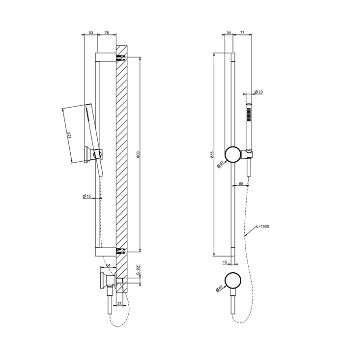 Штанга в комплекте с душевой лейкой, шланг 150см и вывод воды, с вставкой, Gessi Origini, black metal brushed pvd арт. 66142#707