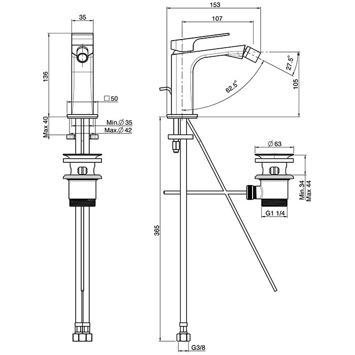 Fima Carlo Frattini Смеситель для биде, на 1 отв, донный клапан, h105мм излив 107мм, Fit, F3382NS цвет: черный