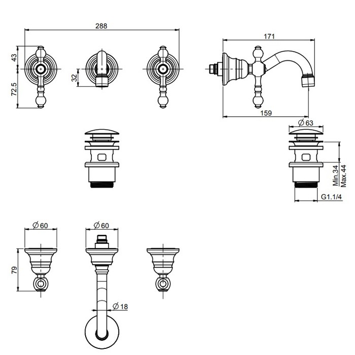 Fima Carlo Frattini Cмеситель настенный на 3 отверстия, Epoque, F5051/5CR цвет: хром