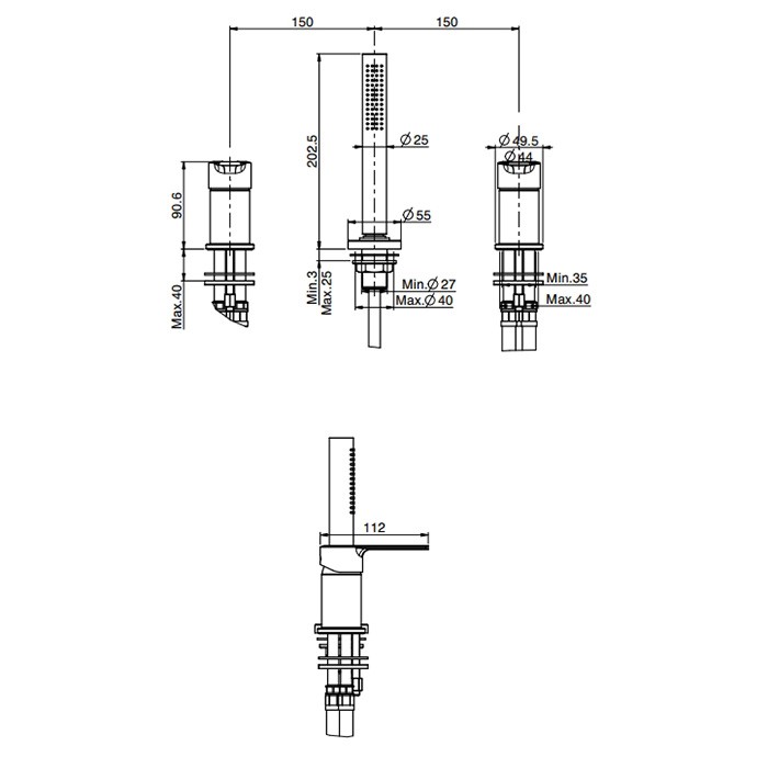 Fima Carlo Frattini Смеситель на борт ванны, на 3 отв., с ручным душем, Mast, F3144/1NNS цвет: черный