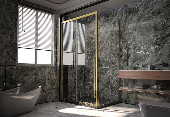 Душевой угол 1500х900x2000 Veconi Premium Trento, брашированное золото, стекло прозрачное арт. PTC30-SP-15090-G-01-C4