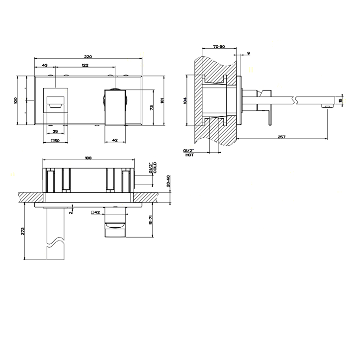 Встраиваемый однорычажный смеситель, излив 256мм, Gessi Rettangolo, хром арт. 44838#031