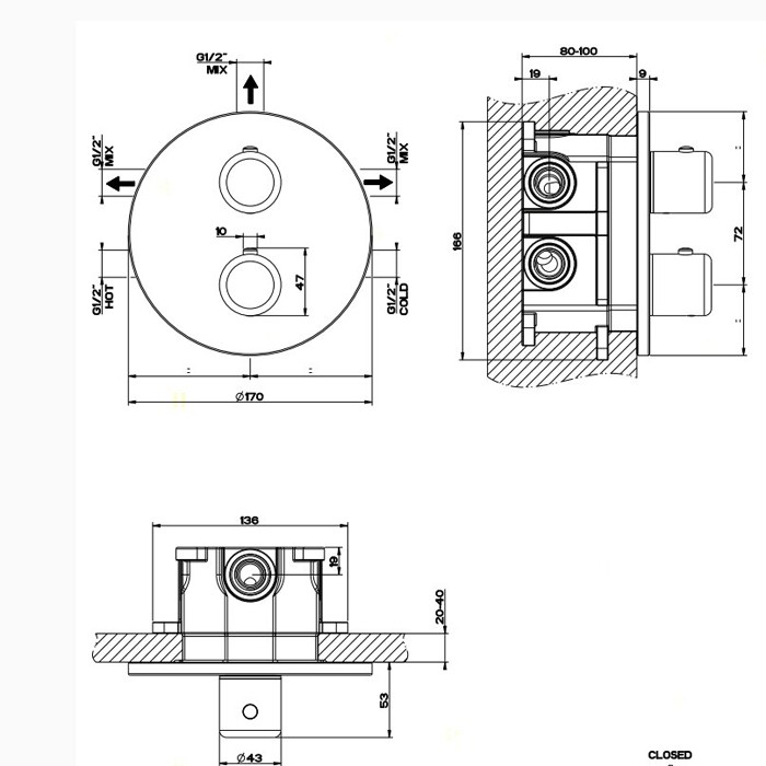 Встраиваемый термостатический смеситель, подключение на 3/4”, с переключателем на 3 выхода, Gessi Goccia, хром арт. 33846#031