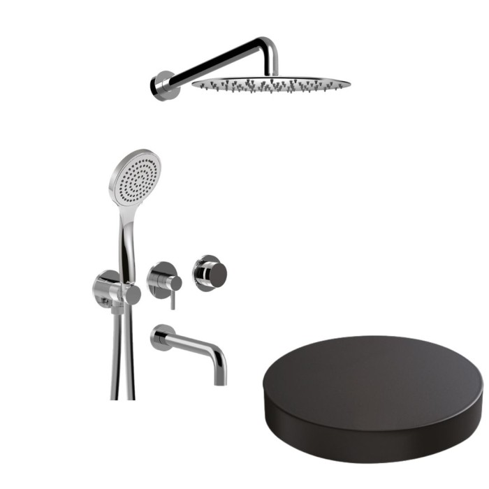 Bстраиваемый душевой комплект на 3 режима, однорычажный, с поворотным переключателем, ручной душ, излив, кронштейн, верхний душ d25 см, Giulini My ring, черный матовый арт. MR0093NO