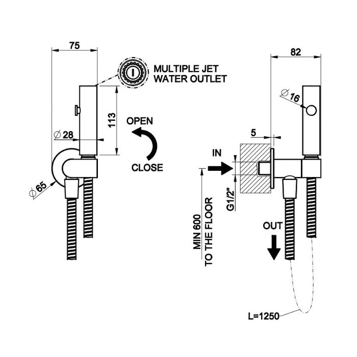 Гигиенический душ с настенным держателем, подводом воды и шлангом 125см., Gessi Eleganza, finox brushed nickel арт. 45124#149