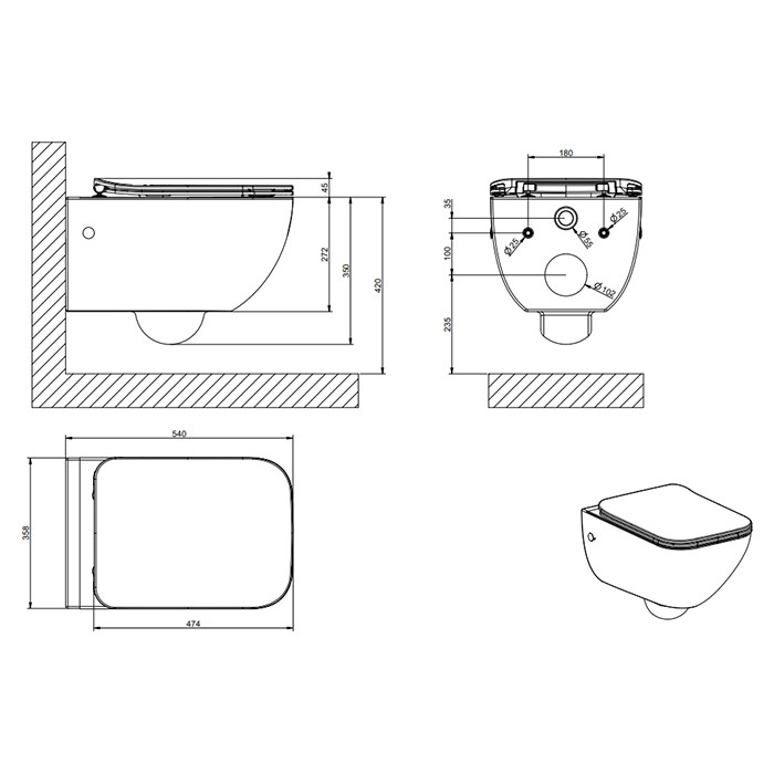Унитаз подвесной 47.4х35.8х35см., с сиденьем микролифт, петли хром, с сифоном, Gessi Origini, matt white ceramic арт. 39118#531