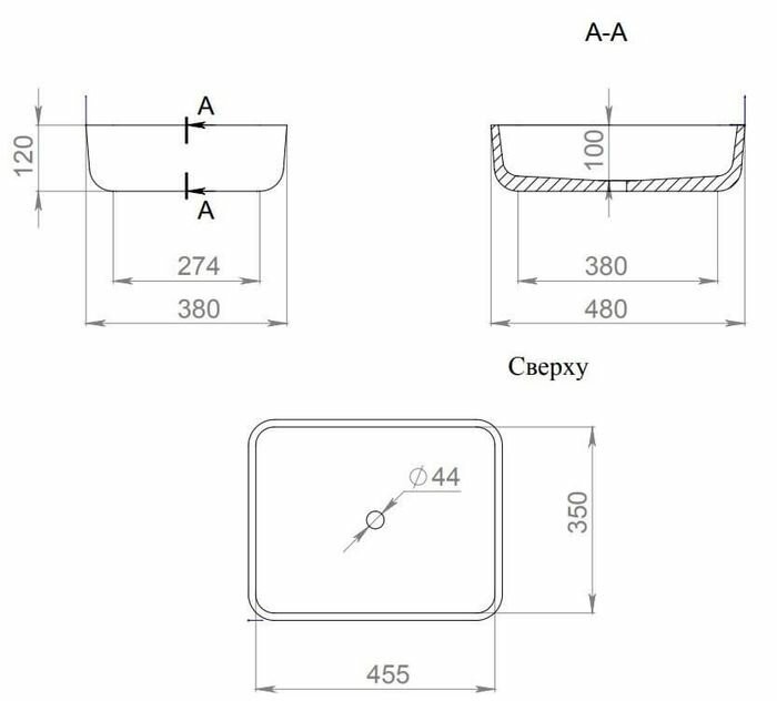 Раковина накладная 47,5x37,5, матовая, Salini GLORIA арт. 1102209M