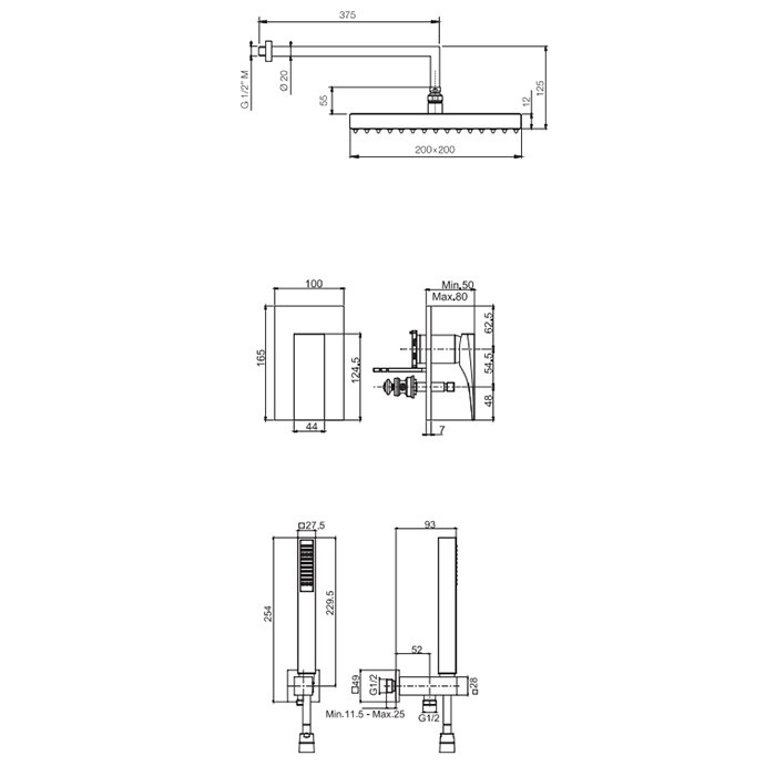 Fima Carlo Frattini Душевая система, верхний душ 25х25см., со смесителем и ручным душем, на 2 источника, Sistemi doccia, F3979NS цвет: чёрный