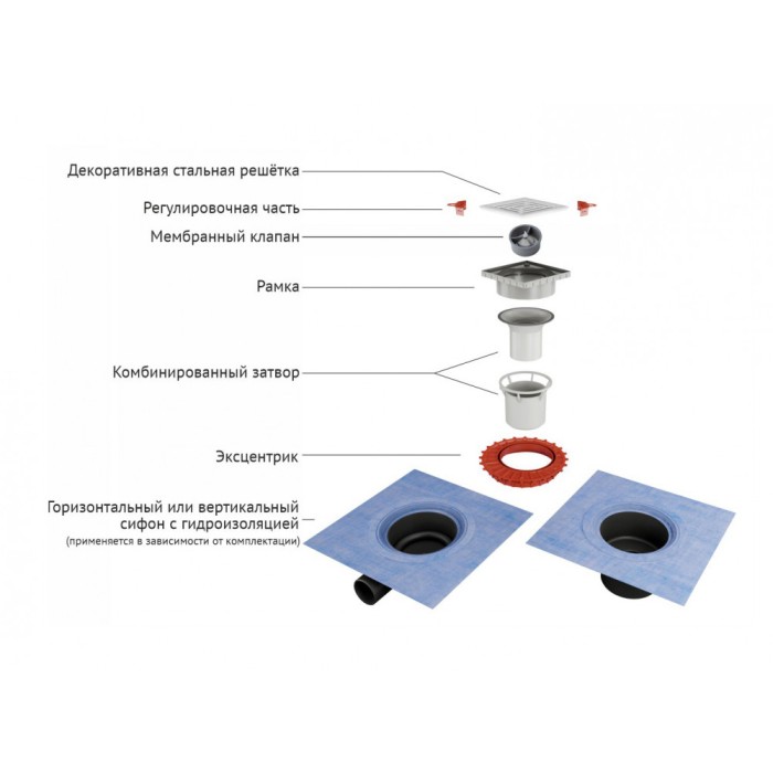 Душевой трап BERGES ZENTRUM Uno 100х100, матовый хром, выпуск D50 H65, арт.090371