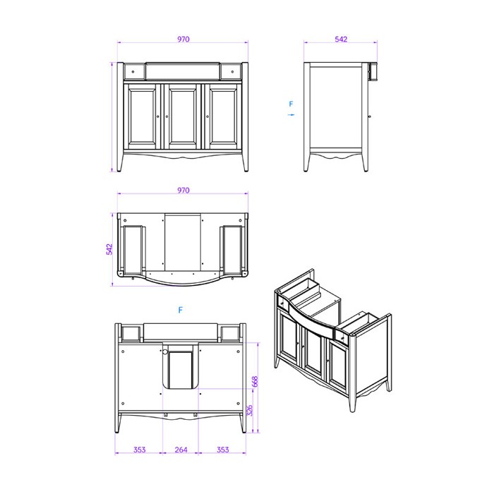 База с раковиной simas ar874bi*1 105х56см, напольная, с 1отв., 2 верх.Ящ. 3 распашные дверки, доводч. Blum, ручки: riflesso бронза, Veronica vintage, Tiffany World - VER5105-V+AR874bi*1 комплект