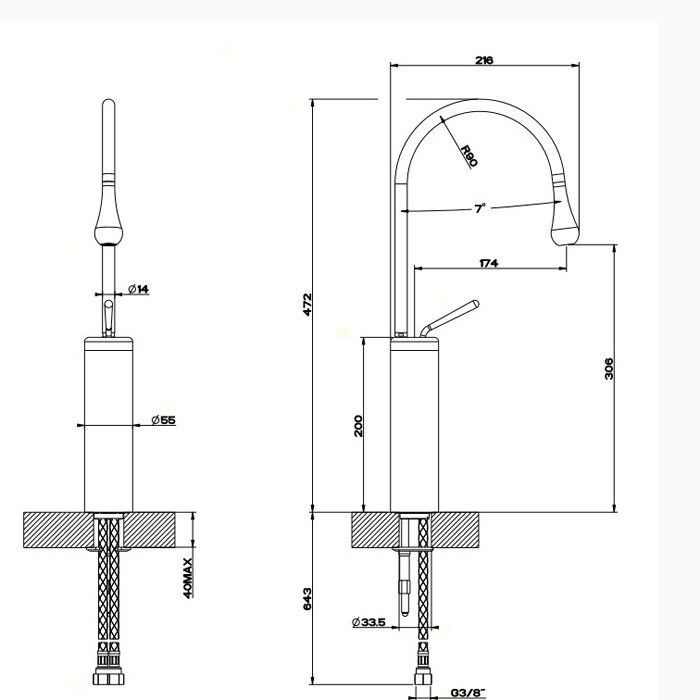 Смеситель для раковины на 1 отверстие, высокий, излив 174мм R=90, Gessi Goccia, хром арт. 33608#031