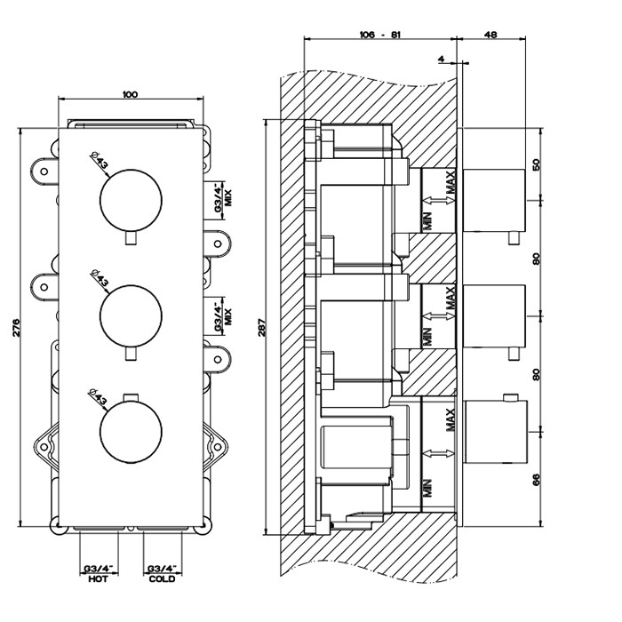 Встраиваемый термостатический смеситель на 2 источника, резьба 3/4", Gessi 316, brushed black metal pvd арт. 54514#707