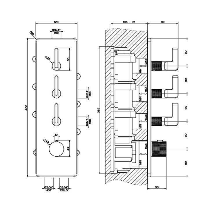 Смеситель для душа, встраиваемый, термостатический, резьба 3/4", Gessi Inciso, black xl арт. 58206#299