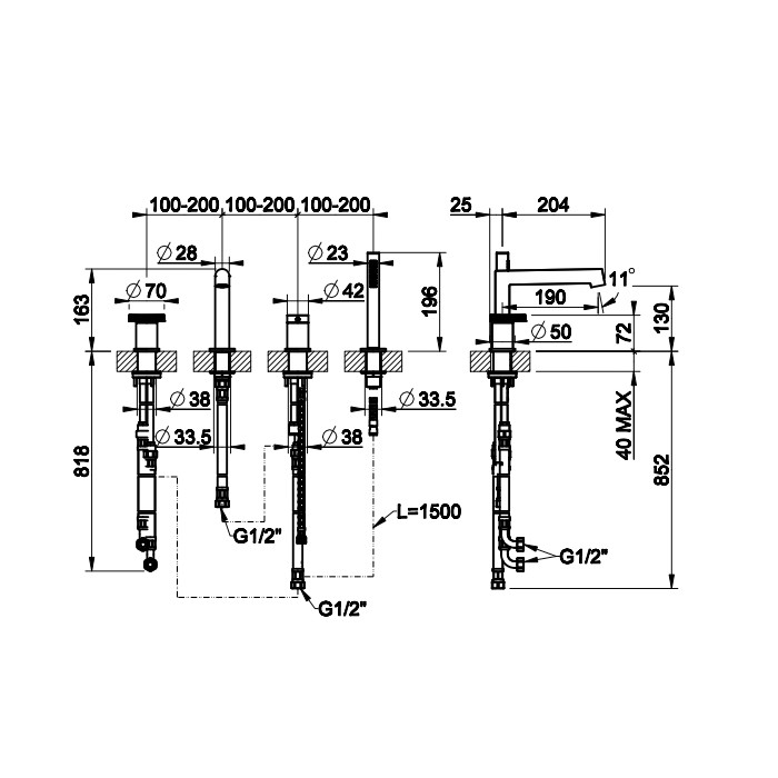 Смеситель для ванны на 4 отверстия: излив, девиатор, шланг, лейка, Gessi Anello, хром арт. 63337#031