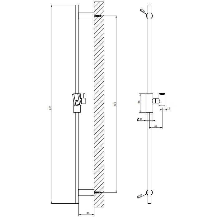 Штанга для душа 90см., настенная, Gessi Habito, black metal brushed pvd арт. 70044#707
