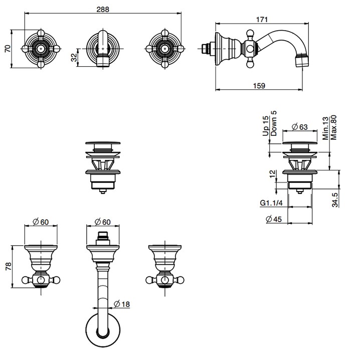 Fima Carlo Frattini Смеситель для раковины, встраиваемый, излив: 15.9см., Elizabeth, F5081/5OR цвет: золото