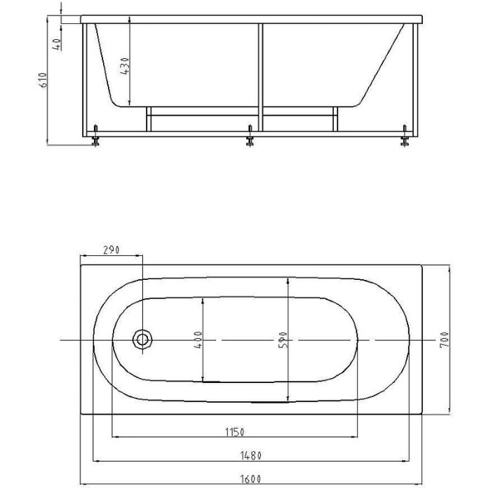 Ванна 160 с фронтальным экраном (слив слева) Aquatek Оберон арт. OBR160-0000026