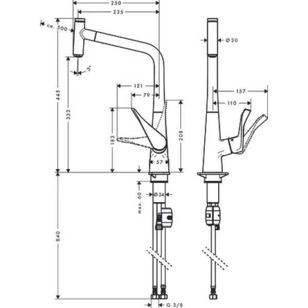 Смеситель для кухни, с вытяжным изливом, Eco, Hansgrohe Metris Select M71, хром арт. 14786000