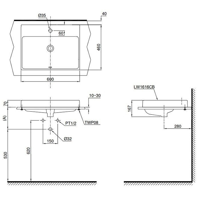 Раковина для ванной на 60 см, MH TOTO, L1616C цвет: белый