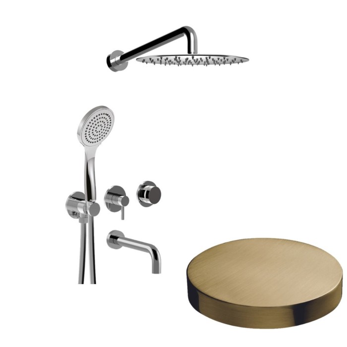 Bстраиваемый душевой комплект на 3 режима, однорычажный, с поворотным переключателем, ручной душ, излив, кронштейн, верхний душ d25 см, Giulini My ring, золото брашированное арт. MR0093OSP
