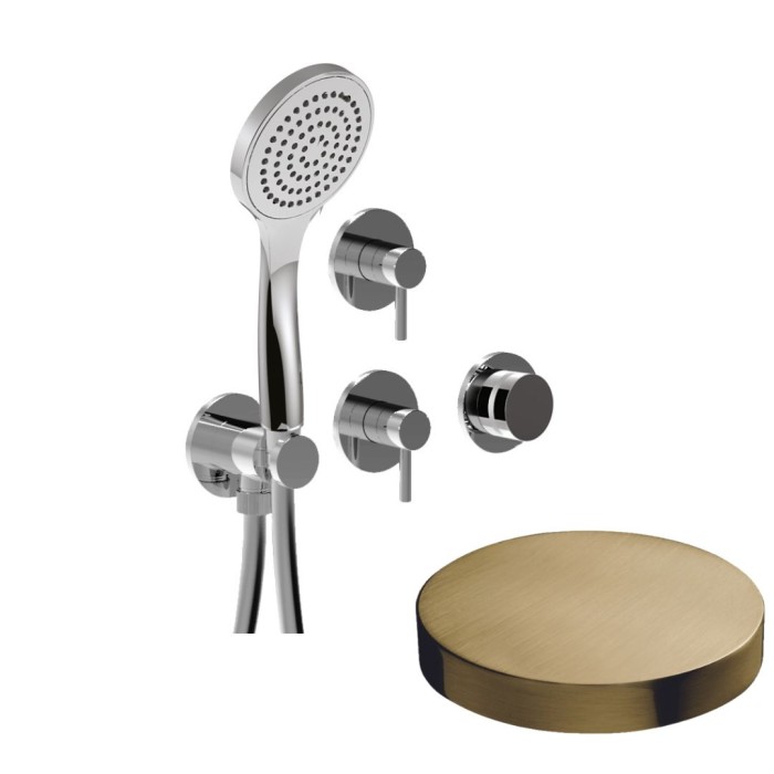 Встраиваемый смеситель для душа на 4 режима, однорычажный, поворотный переключатель, ручной душ + 3 доп. вывода воды, Giulini My ring, золото брашированное арт. MRX5304OSP