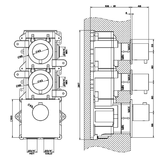 Встраиваемый термостатический смеситель на 2 источника, резьба 3/4", Gessi 316, brushed black metal pvd арт. 54504#707