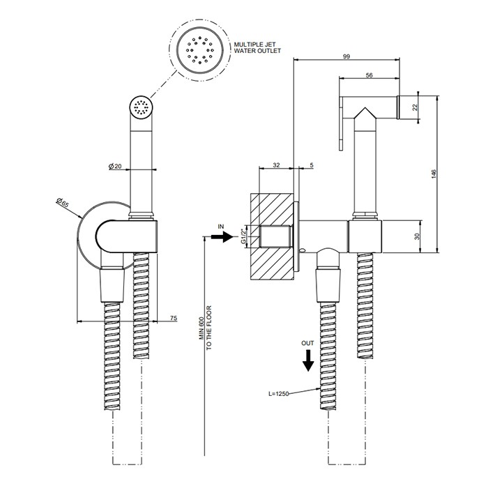 Гигиенический душ, шланг 125см, Gessi Eleganza, finox brushed nickel арт. 45126#149