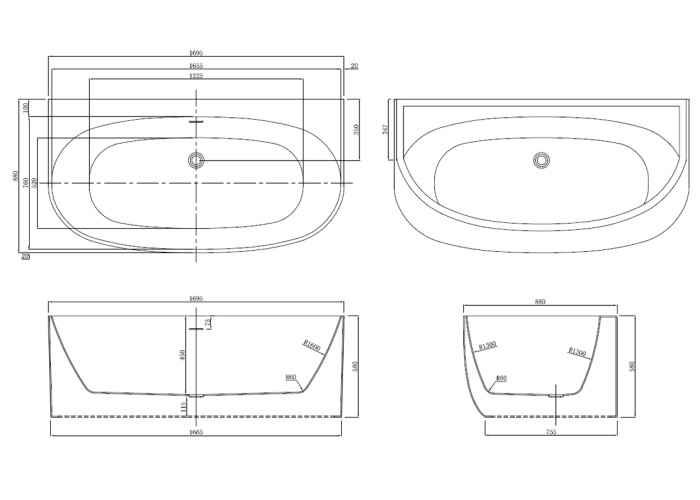 Акриловая ванна 1695х880х580, пристенная, Azario Cambridge арт. CAM17289MB