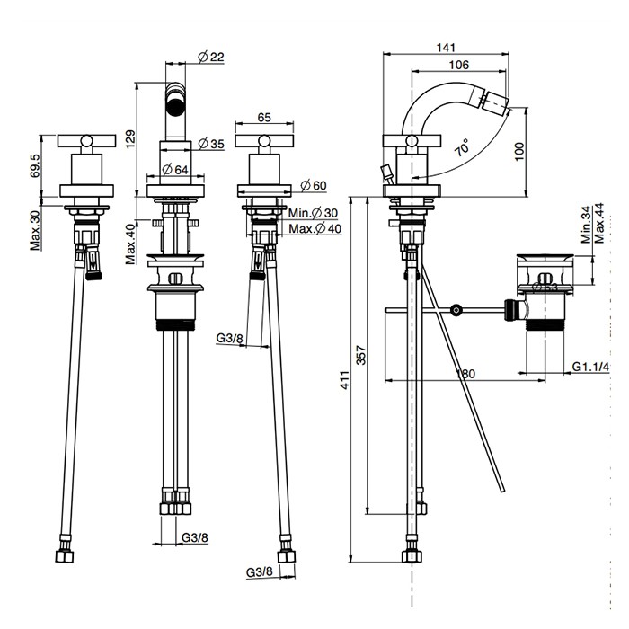 Fima Carlo Frattini Смеситель на биде, на 3 отв., с донным клапаном, Maxima, F5302WCR цвет: хром