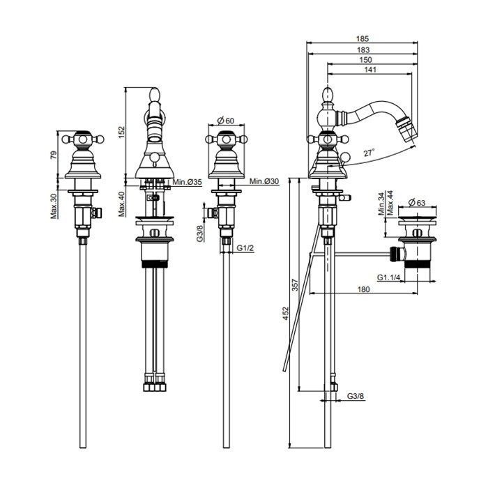 Fima Carlo Frattini Cмеситель для биде, на 3 отв., с донным клапанном, Elizabeth, F5082OR цвет: золото