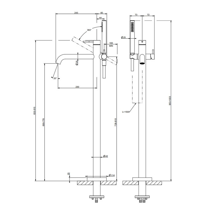 Смеситель для ванны, напольный, с душевой лейкой, Gessi 316, black xl арт. 54028#299