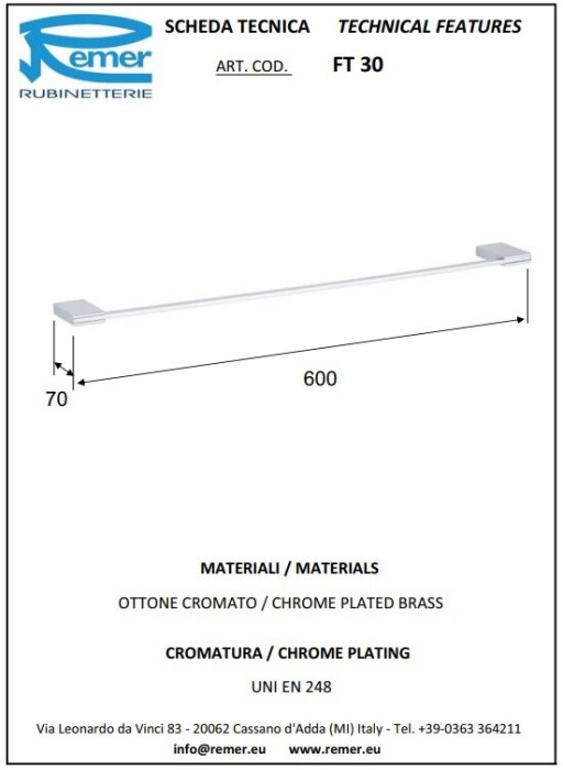 Полотенцедержатель 60см хром глянцевый, Remer Flat, FT30CR