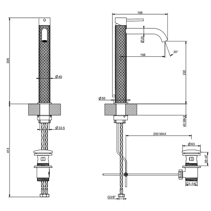 Смеситель для раковины на 1 отв. с донным клапаном, h:305мм, излив: 156мм, Gessi 316, brushed black metal pvd арт. 54103#707