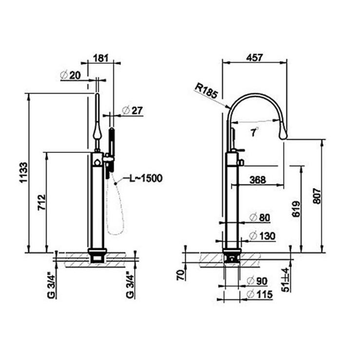 Напольный термостатический смеситель для ванны с ручным душем (внешняя часть), Gessi Goccia, черный арт. 24978#299
