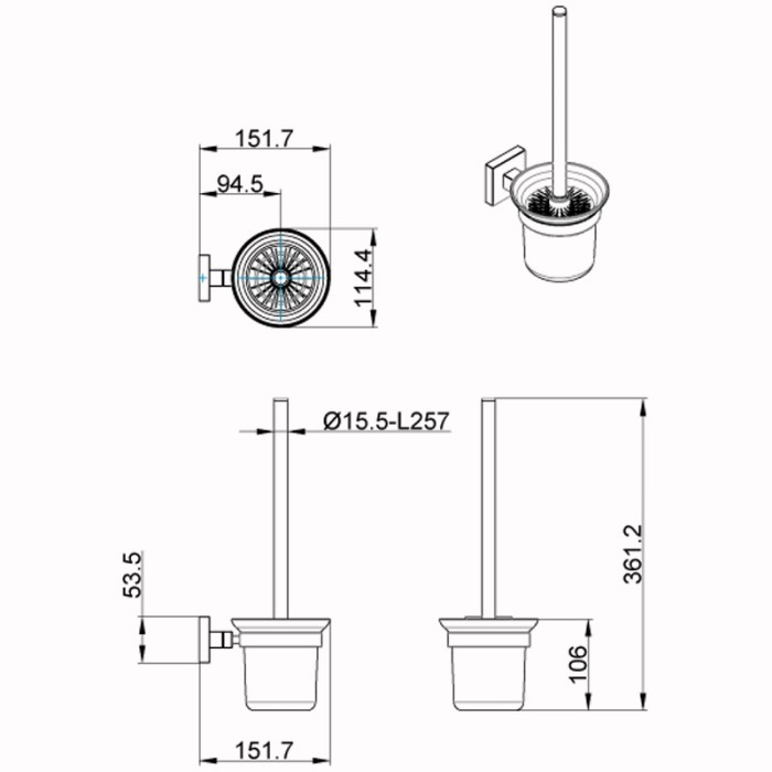 Ершик для унитаза подвесной со стеклянной колбой, хром, Azario Rina - AZ-87013
