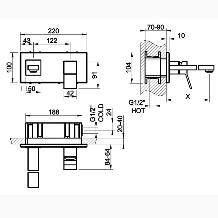 Встраиваемый однорычажный смеситель для раковины с индивидуальной длиной излива (70-300мм), Gessi Rettangolo, хром арт. 53084#031