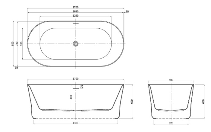 Акриловая ванна 1700х800х600 свободностоящая, Azario Kenston арт. KEN17080