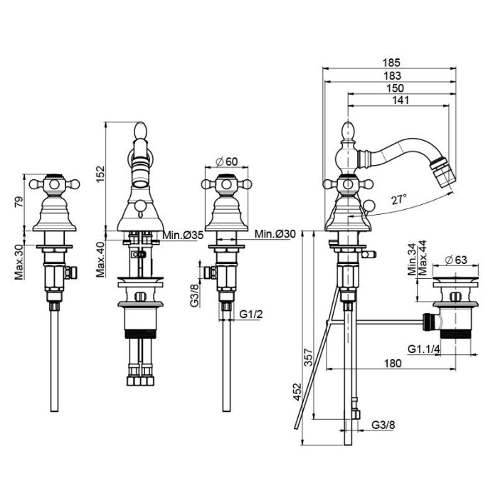 Fima Carlo Frattini Смеситель для биде на 3 отверстия с вращающимся изливом, Elizabeth, F5082CR цвет: хром