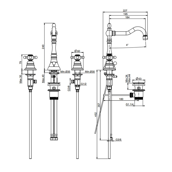 Fima Carlo Frattini Смеситель для раковины, на 3 отв., с донным клапаном, Elizabeth, F5081OR цвет: золото