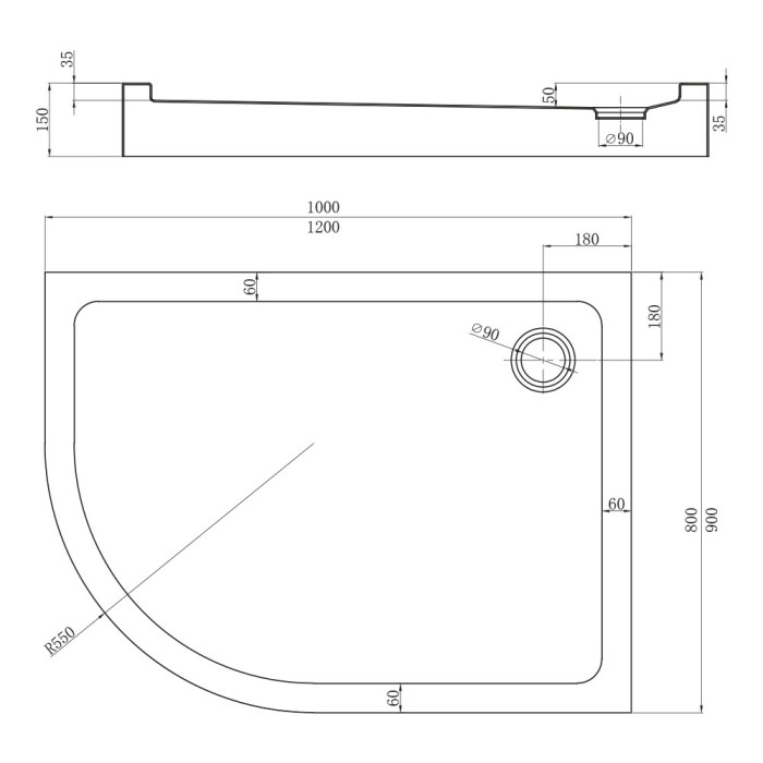 Душевой поддон 1000x900x150, Tezeo acrylic, акрил, белый арт. TZ55R-10090-C5