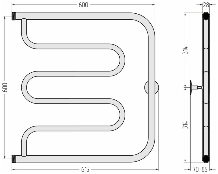 Стилье Водяной полотенцесушитель 600x600, Тандем, 00011-6060 цвет: без покрытия