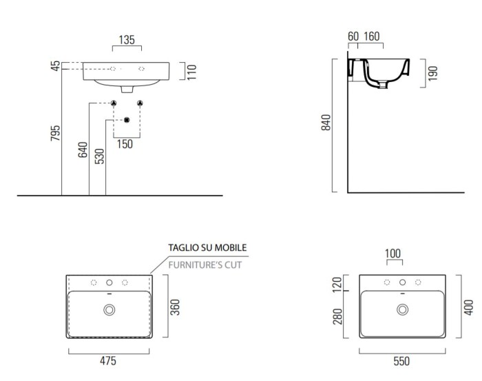 Подвесная раковина 55х40х19 см, с переливом, 1 отверстие для смесителя, санфарфор, Sand GSI арт. 9086111