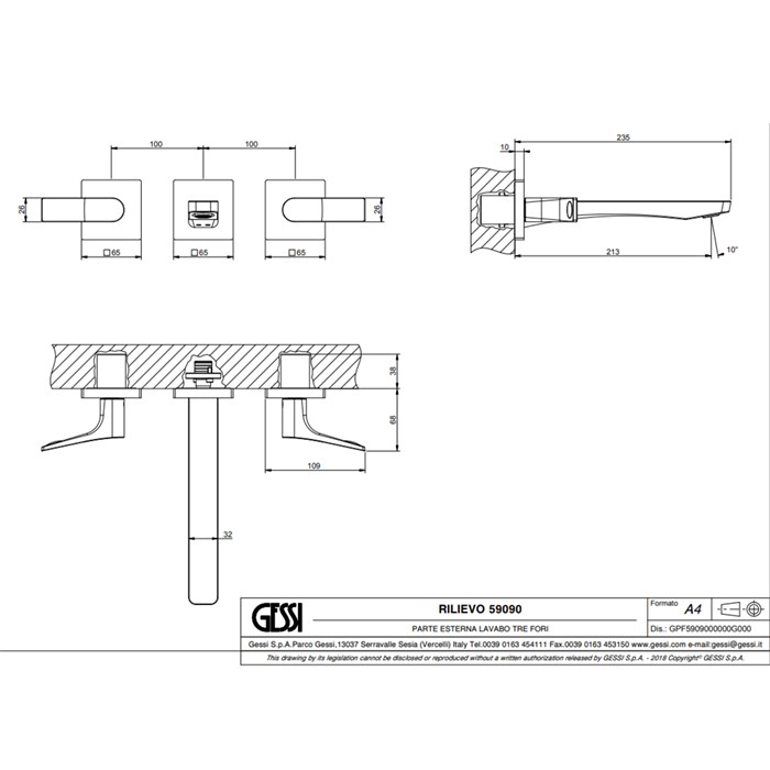 Встраиваемый смеситель для раковины на 3 отв, с изливом 213мм, Gessi Rilievo, хром арт. 59090#031