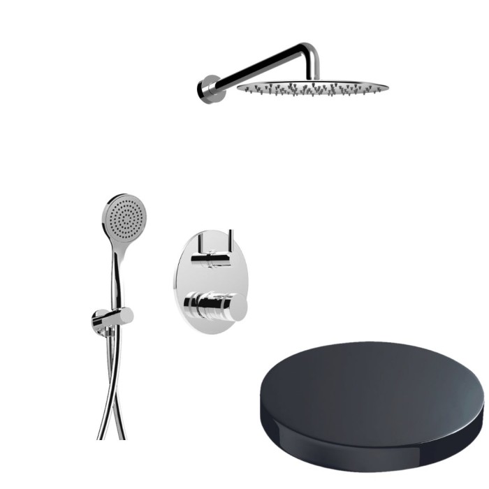 Встраиваемый душевой комплект на 2 режима, однорычажный, с поворотным переключателем, ручной душ, кронштейн, верхний душ d25 см, Giulini My ring, хром черный глянц арт. MR0067CRN