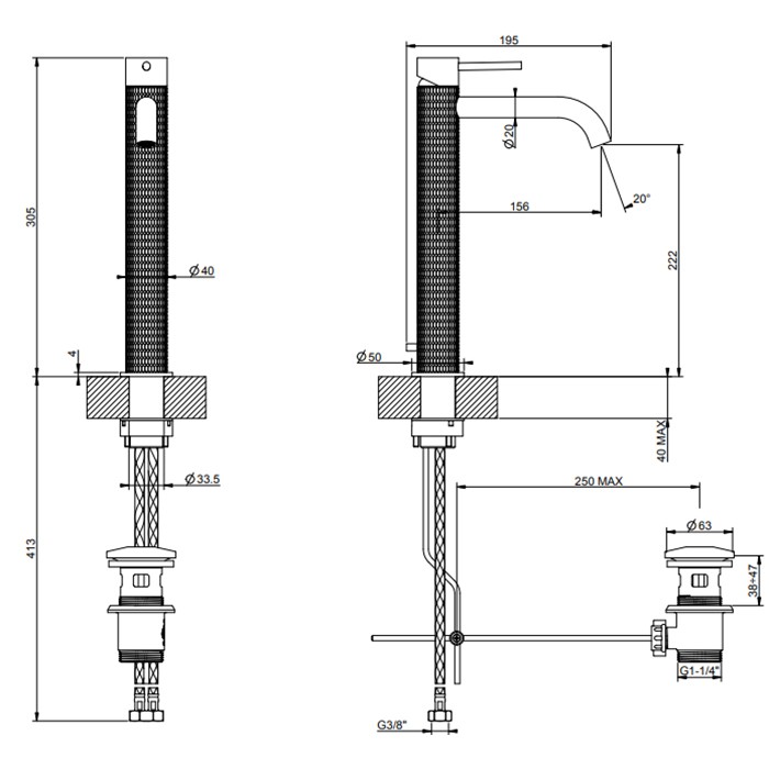 Смеситель для раковины на 1 отв., высокий h:305мм, с донным клапаном, излив: 156мм, Gessi 316, brushed black metal pvd арт. 54203#707