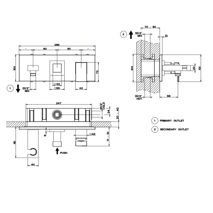 Встраиваемый смеситель с изливом, подводом воды, держателем лейки и переключателем PUSH, Gessi Rettangolo, хром арт. 44910#031