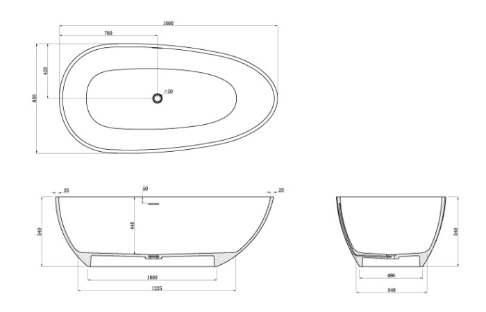 Ванна из искусственного камня 1690х850х540 свободностоящая, с белым матовым донным клапаном, белая матовая, Azario Clovis арт. CLO17085S
